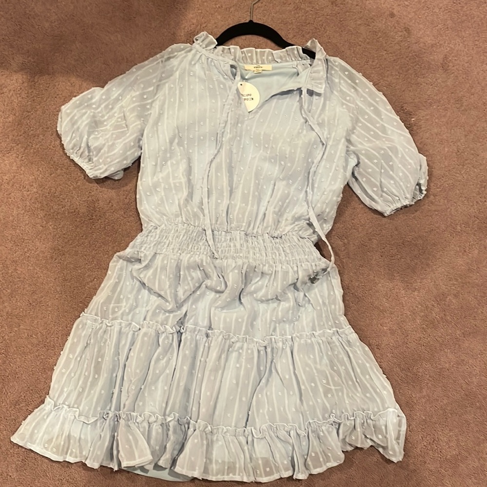 A baby blue smocked mini dress